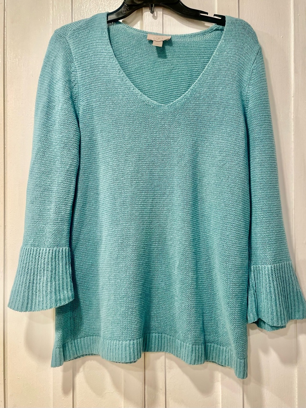 LOFT Outlet Teal Bell Sleeve Linen Cotton Knit Sweater V-Neck Lightweight Sz. M